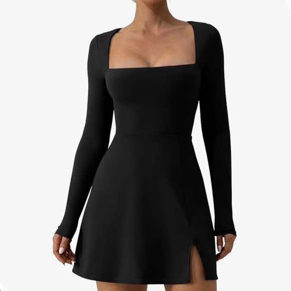 Square Neck L S Slit Dress Black